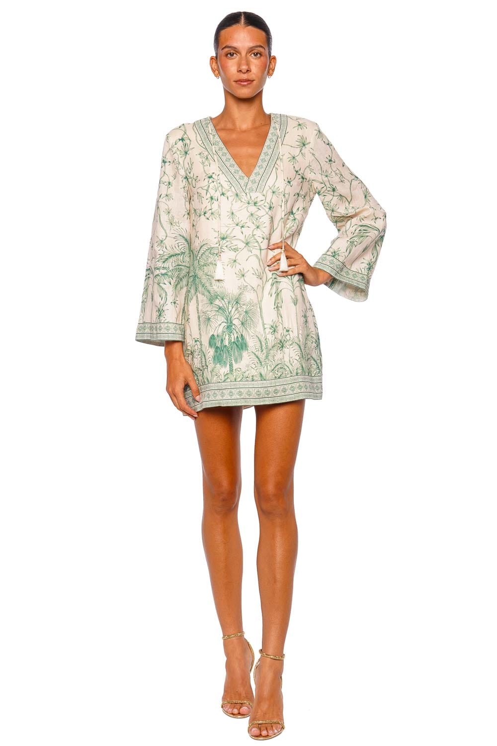 Andres Otalora Hablame Ivory Mint Long Sleeve Mini Tunic Dress