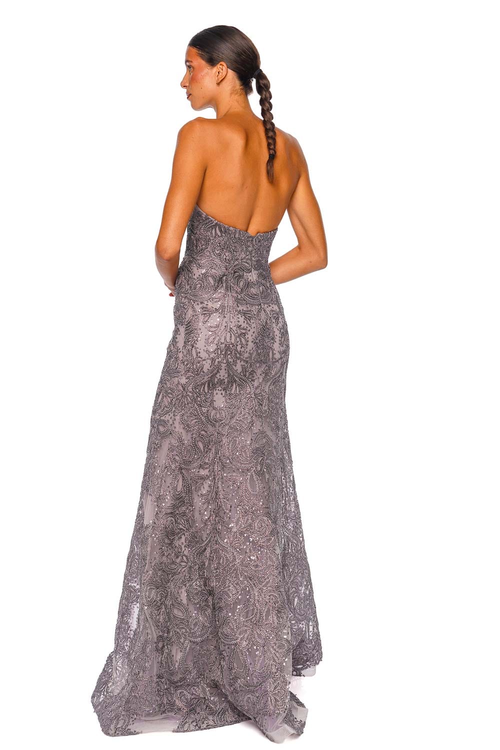 Naeem Khan Gunmetal Metallic Raffia Strapless Gown