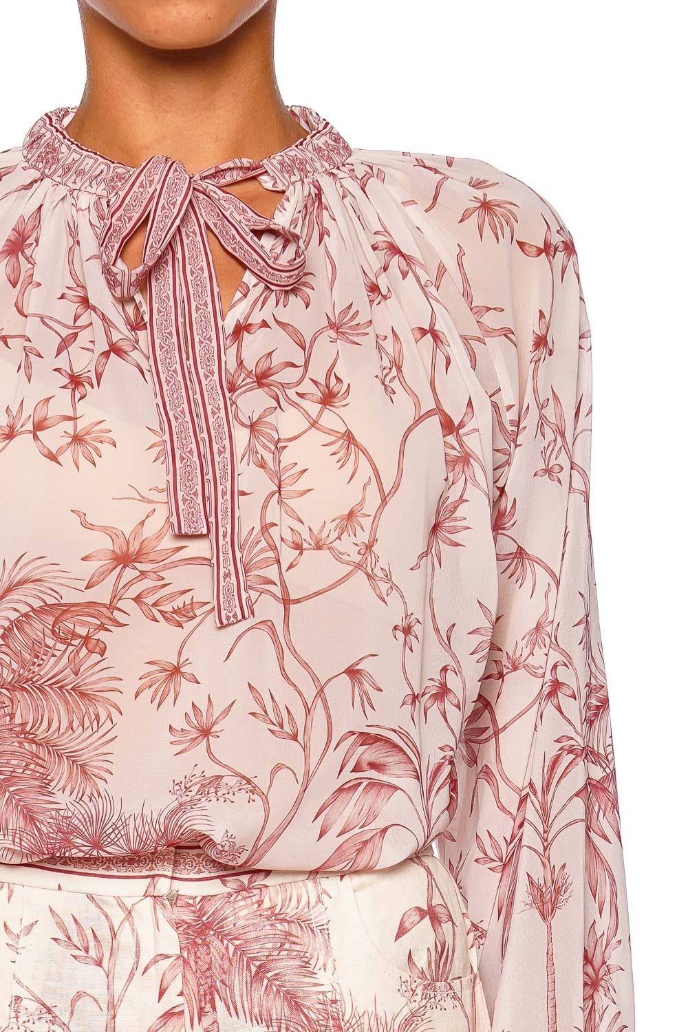 Andres Otalora Manaure Blouse Long Sleeve Tie Neck Ivory Pink Floral Blouse