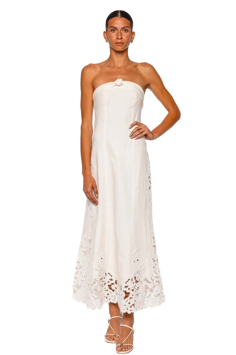 knee length dresses for ladies SS White Eyelet Strapless Midi Dress – www.shoppesonmainconover.com main image 0