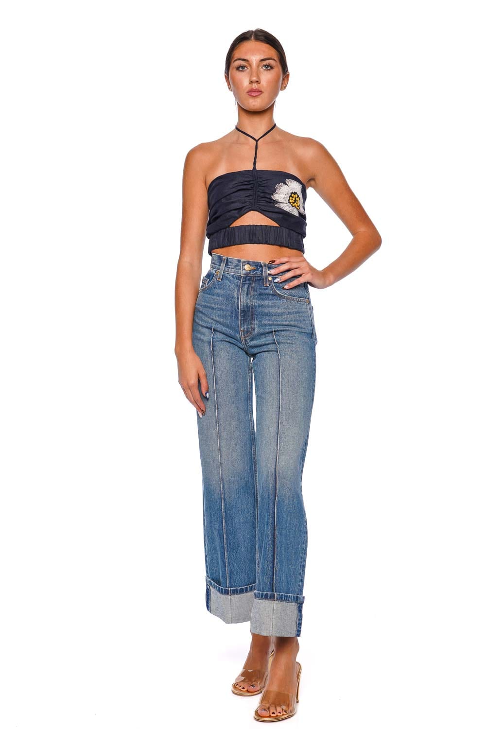 Silvia Tcherassi Arona Navy Embroidered Halterneck Crop Top
