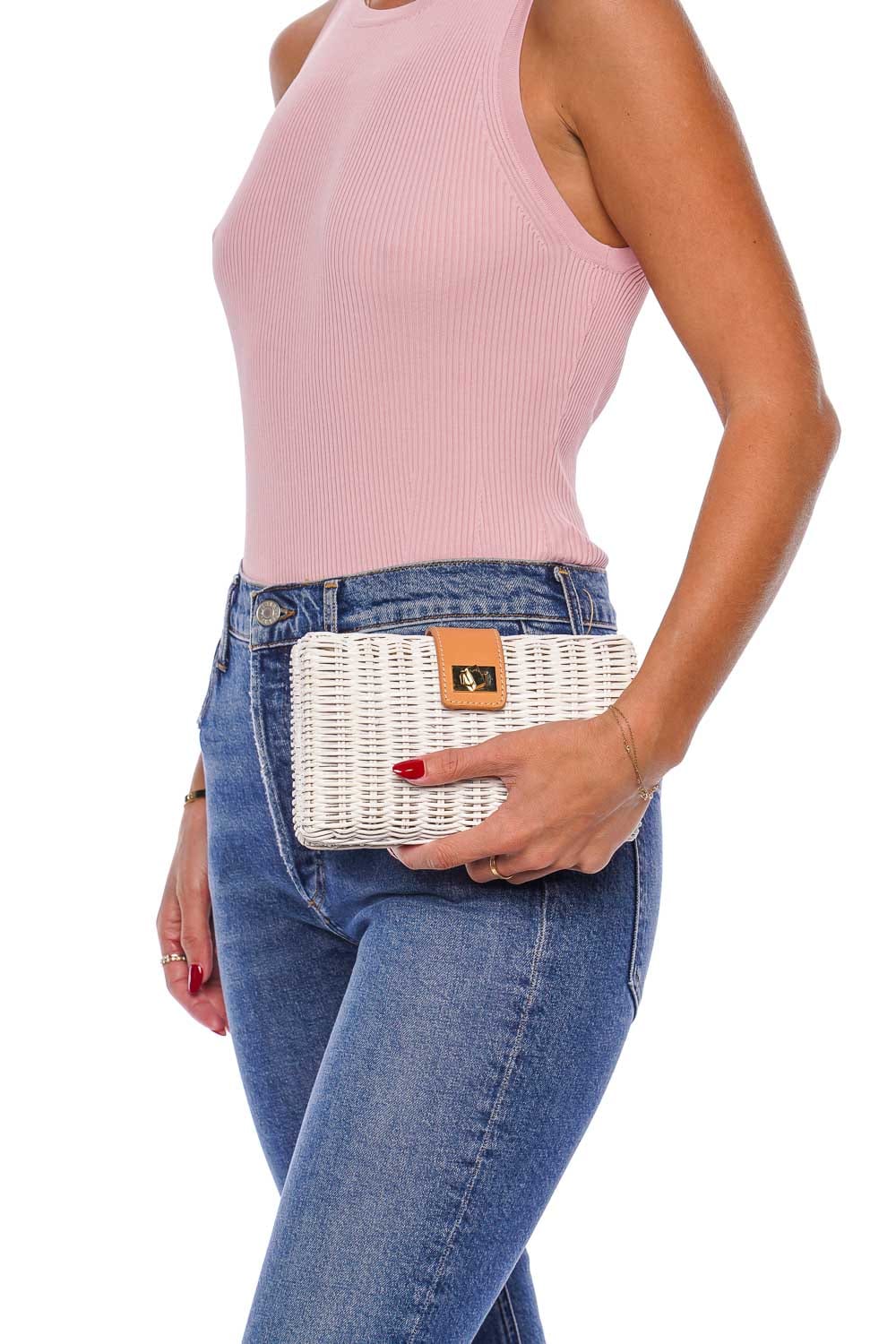 Lou White Wicker Straw Clutch