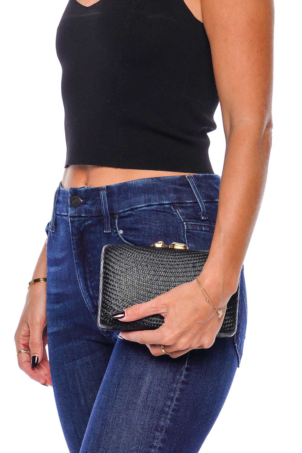 Jen White Stone Black Straw Clutch