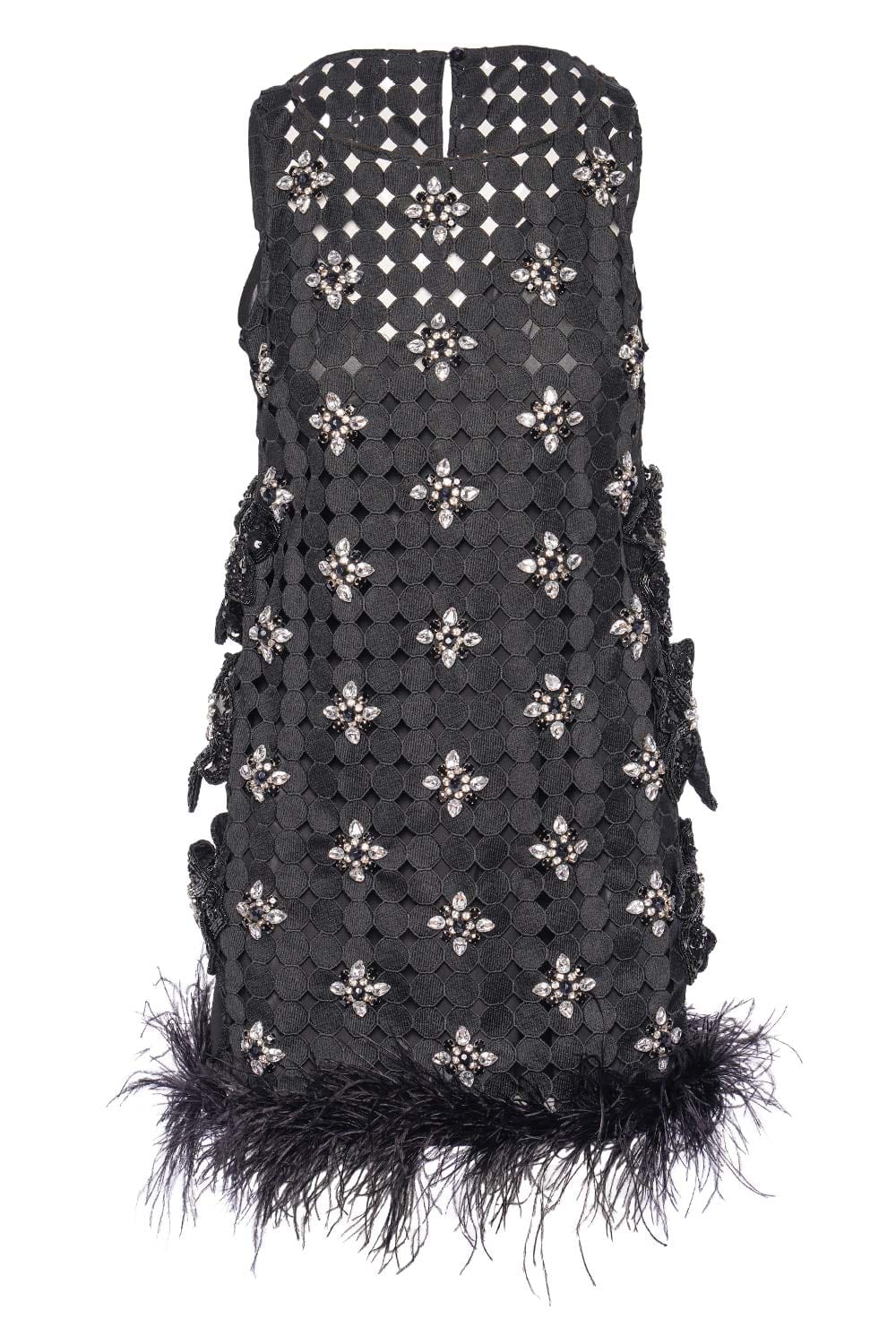 PatBO Hand Beaded Eyelet Feather Trim Mini Dress