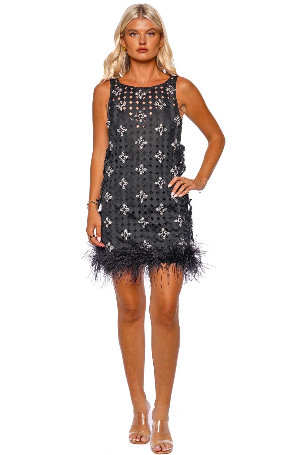 PatBO HAND BEADED EYELET MINI DRESS W/ FEATHER TRIM