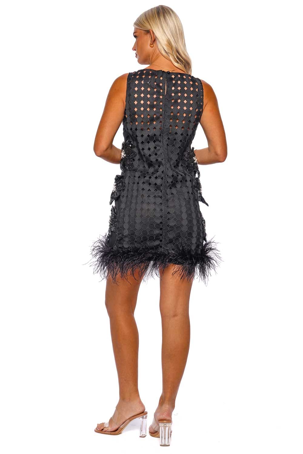 PatBO HAND BEADED EYELET MINI DRESS W/ FEATHER TRIM