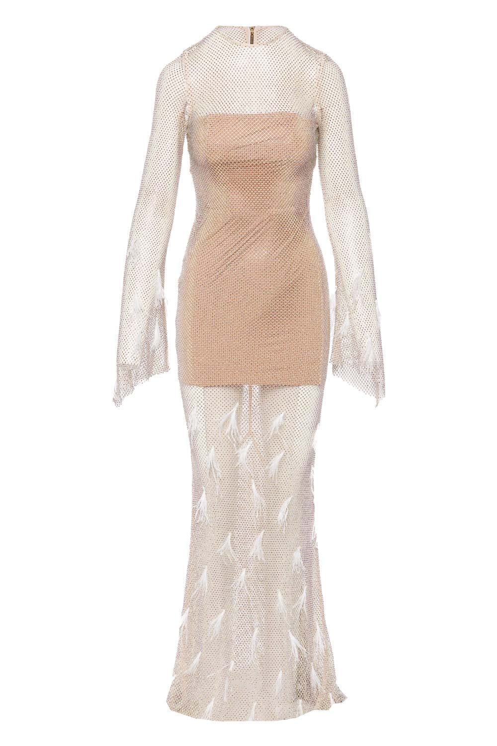 Bronx and Banco Giza Feather Embellished Mesh Gown