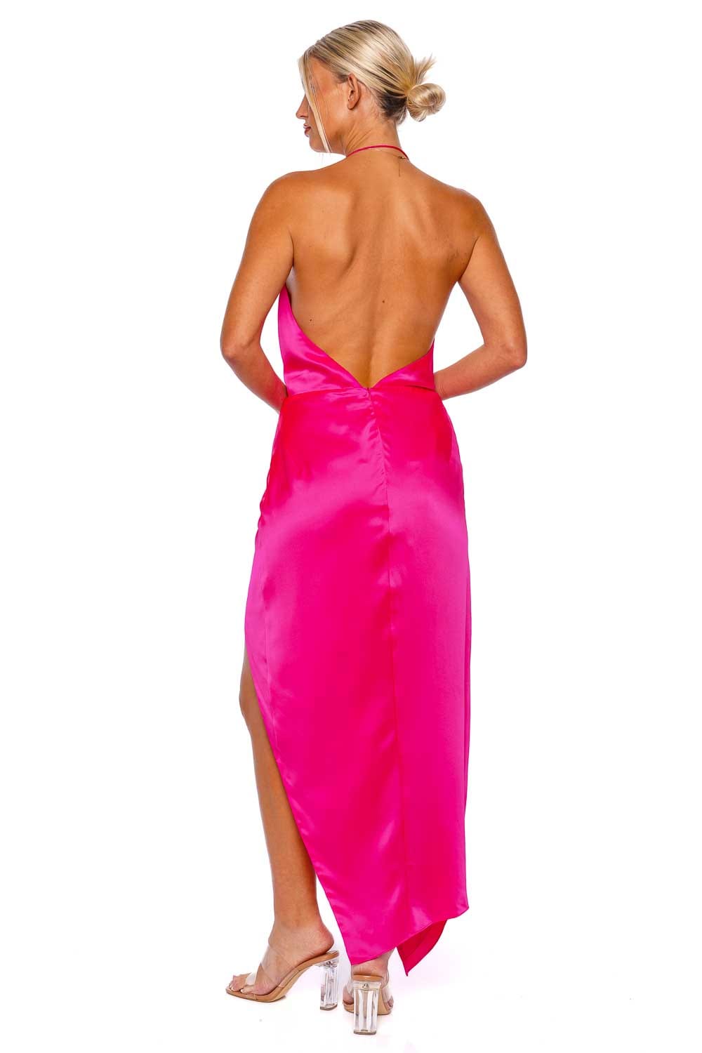 The Sei Hot Pink Silk Halter Cowl Midi Dress
