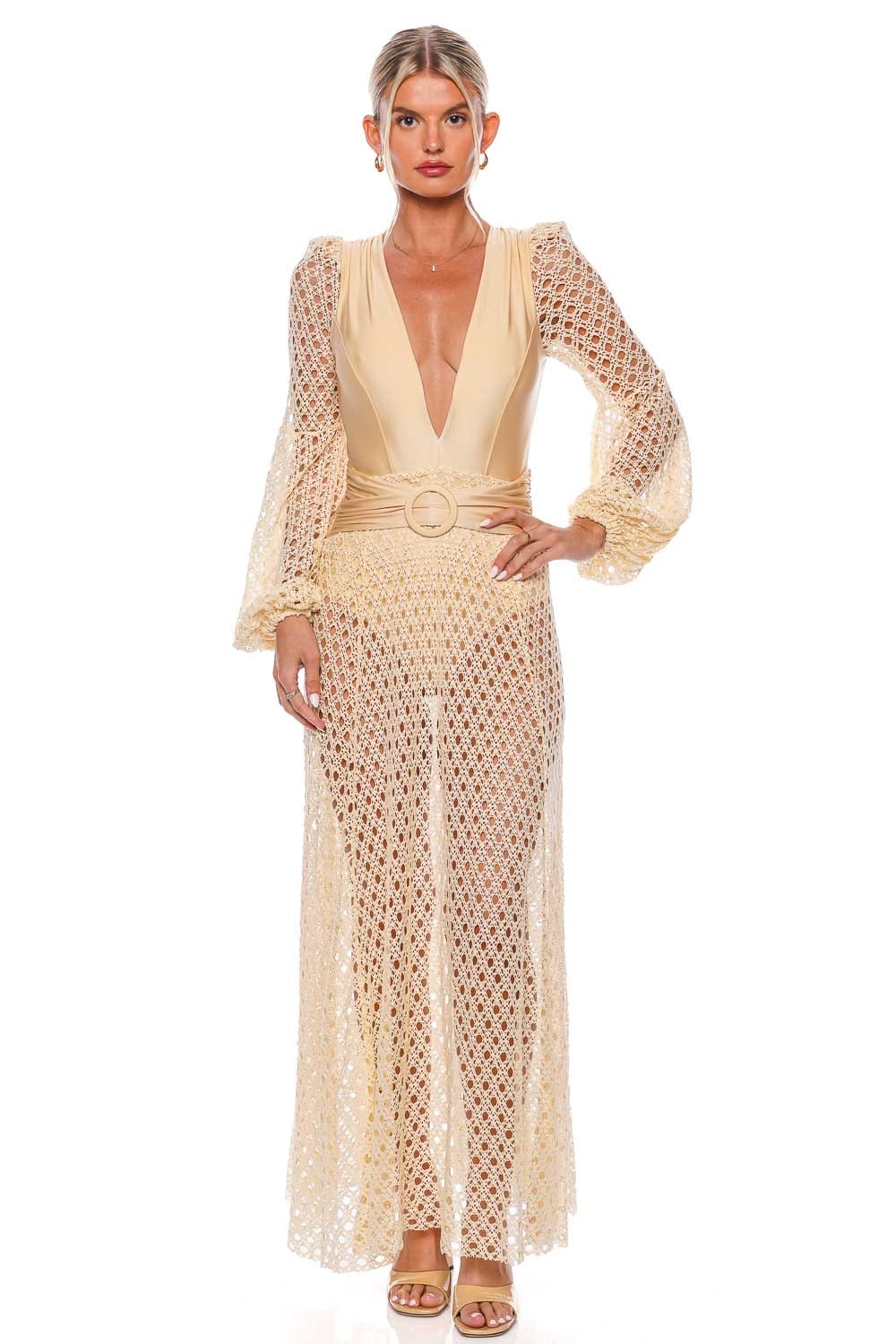 PatBO Monstera Crochet Plunge Beach Maxi Dress