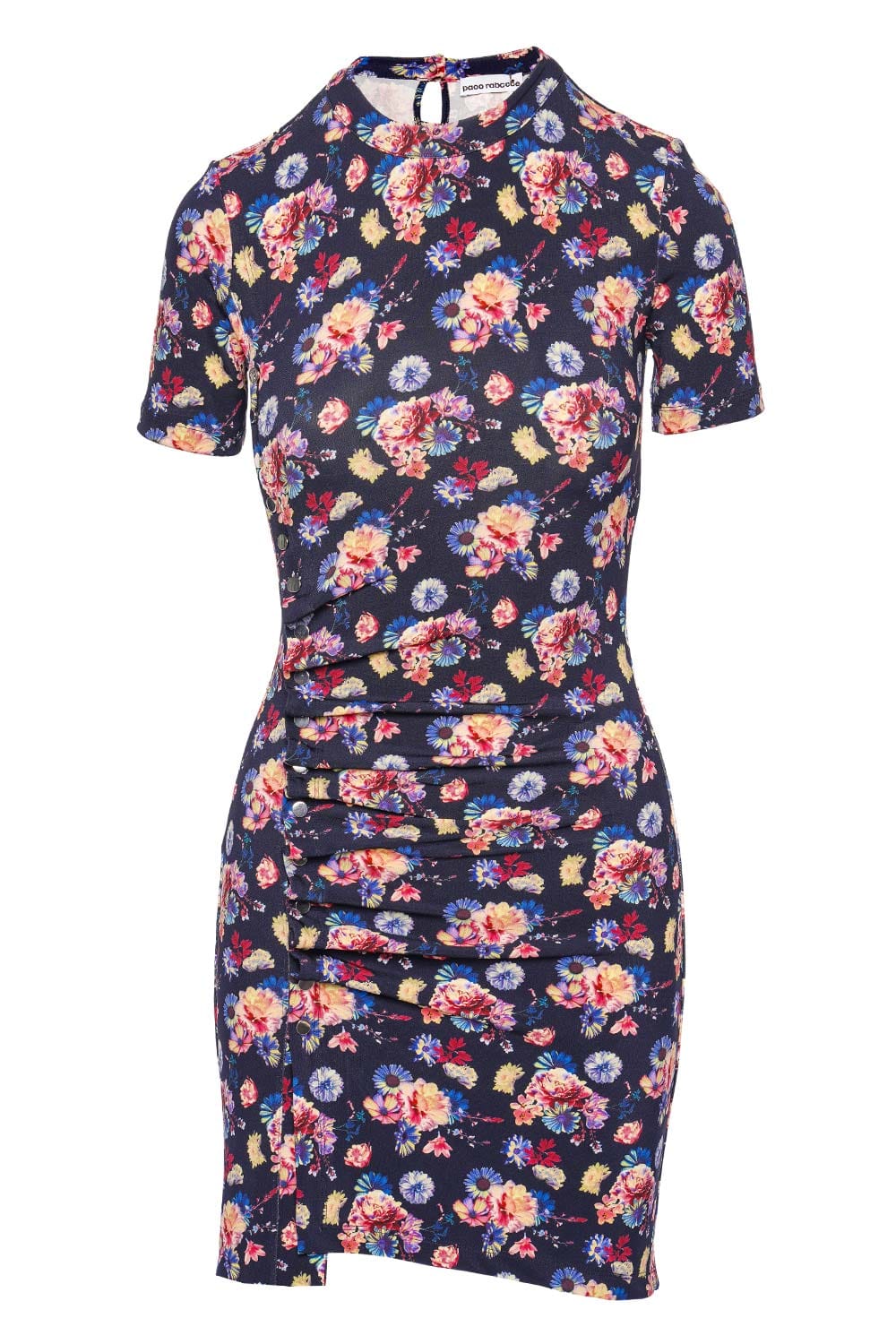Paco Rabanne Navy Floral Ruched Mini Dress