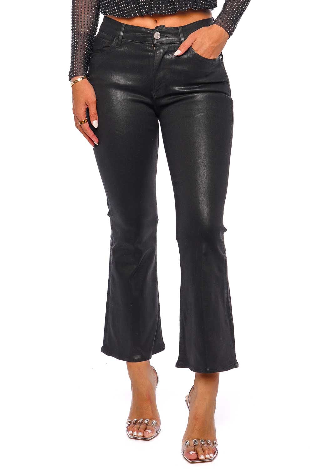 Le Crop Flared Noir Coated Jeans