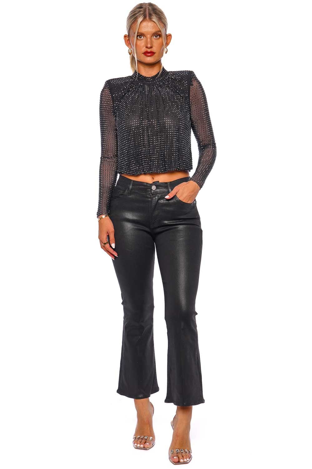 Le Crop Flared Noir Coated Jeans