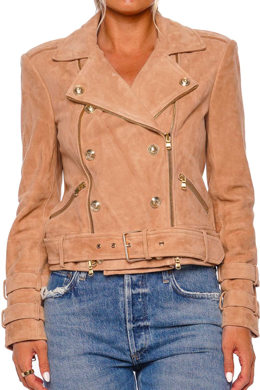 L'AGENCE Billie Cappuccino Suede Leather Belted Jacket