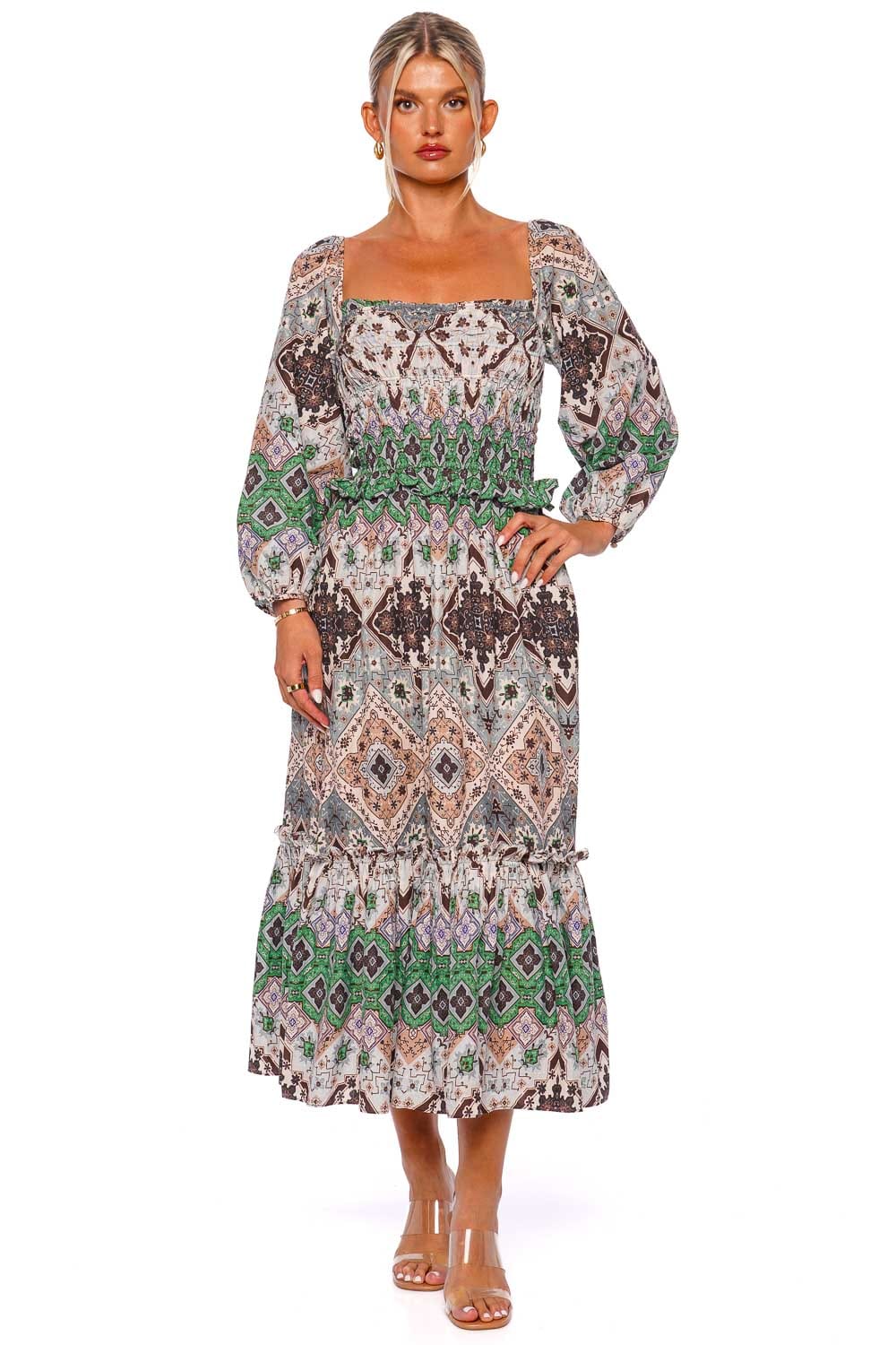 Cara Cara Natella Arona Geo Smocked Midi Dress