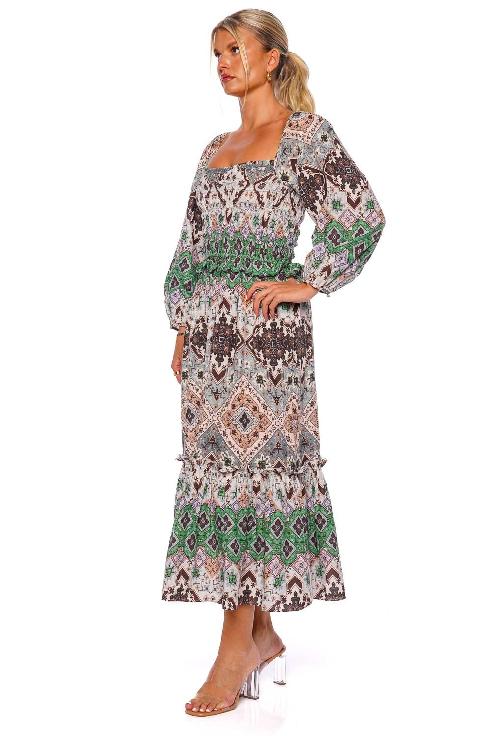 Cara Cara Natella Arona Geo Smocked Midi Dress