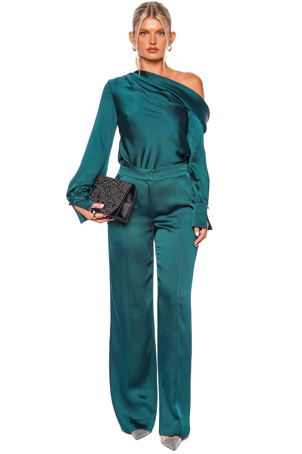 Kyra Emerald Satin Wide Leg Pants