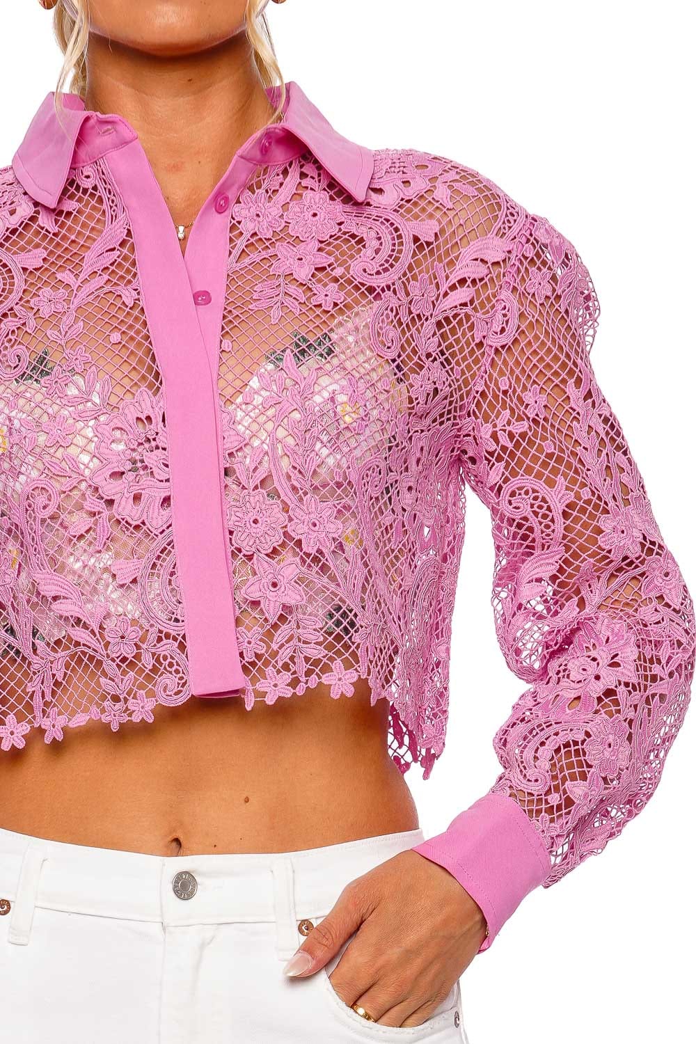 self-portrait Pink Lace Cropped Long Sleeve Shirt