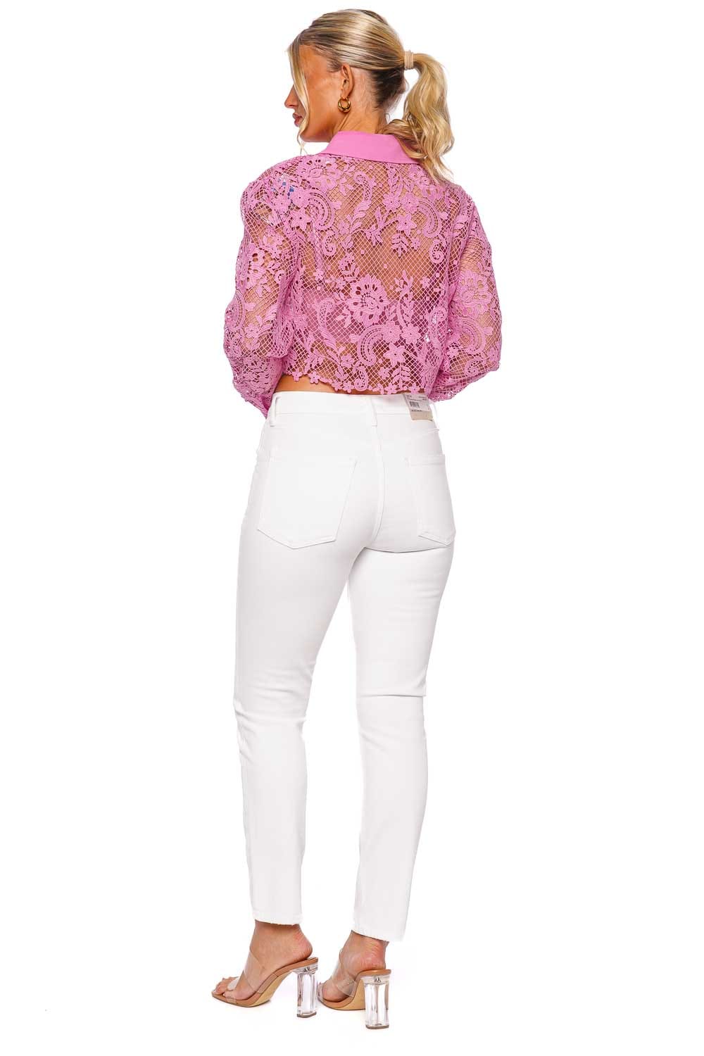 self-portrait Pink Lace Cropped Long Sleeve Shirt