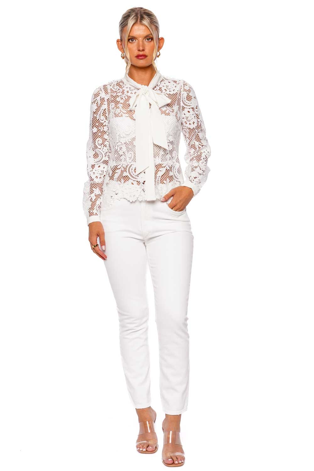 self-portrait White Lace Pussy-Bow Top