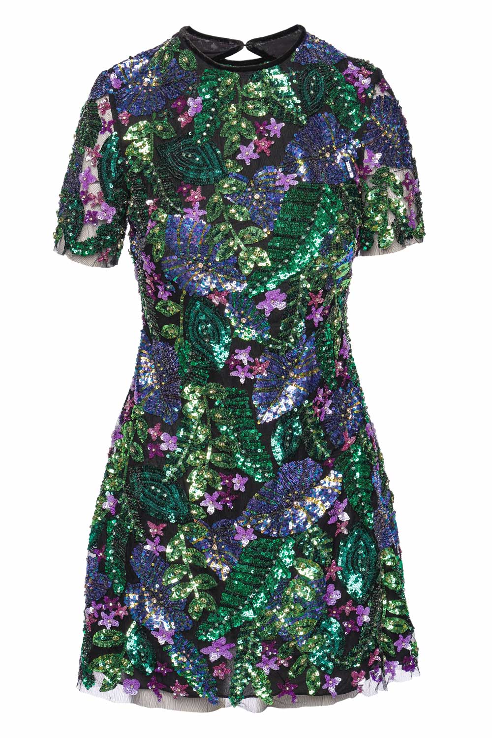 Naeem Khan Floral Sequin Short Sleeve Mini Dress