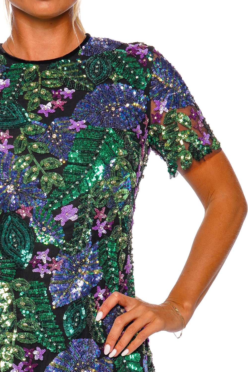 Naeem Khan Floral Sequin Short Sleeve Mini Dress