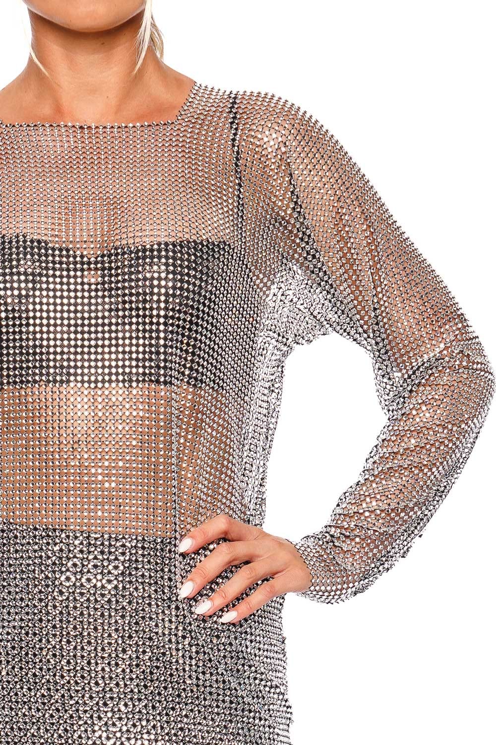 Naeem Khan Crystal Mesh Long Sleeve Top