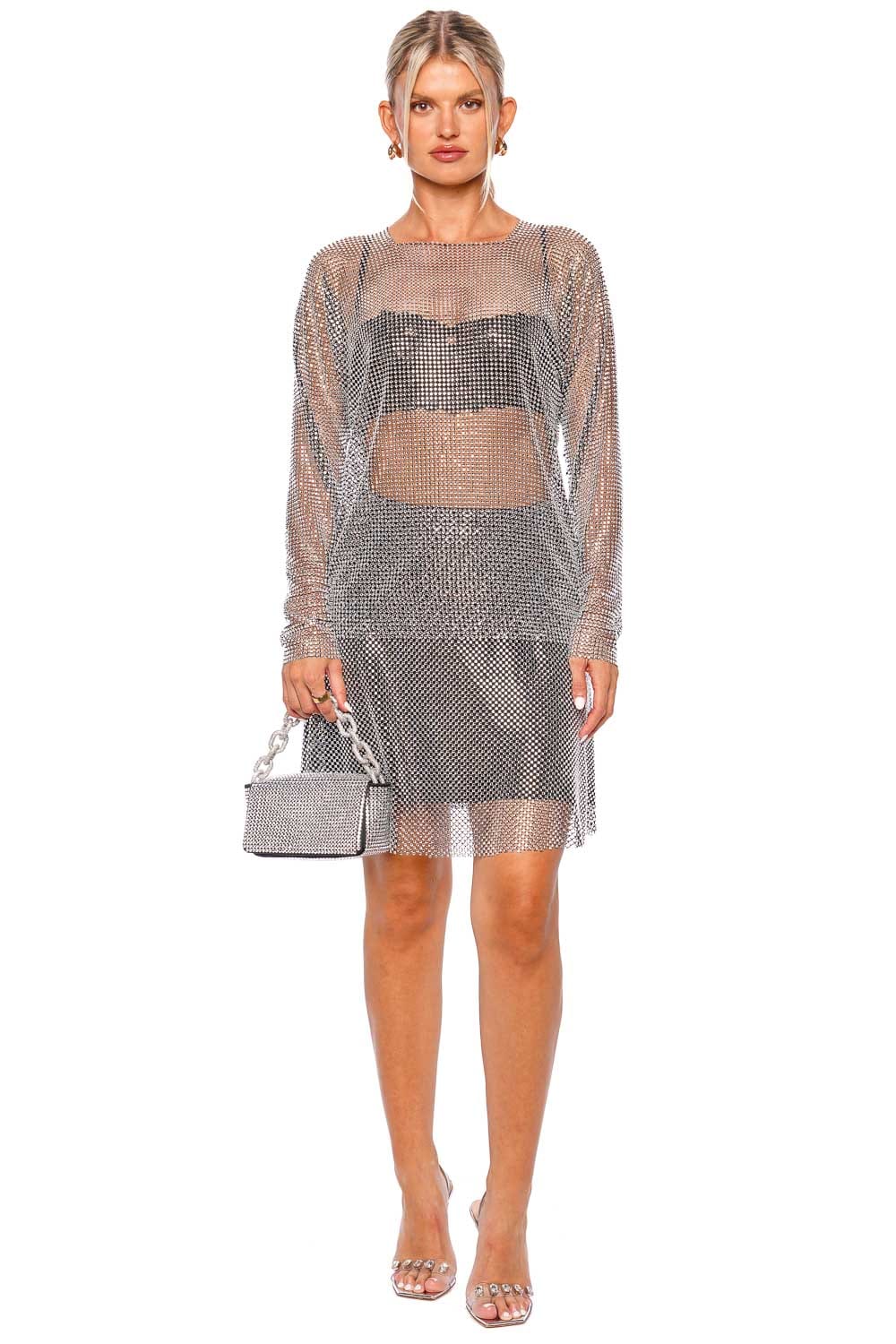 Naeem Khan Crystal Mesh Long Sleeve Top