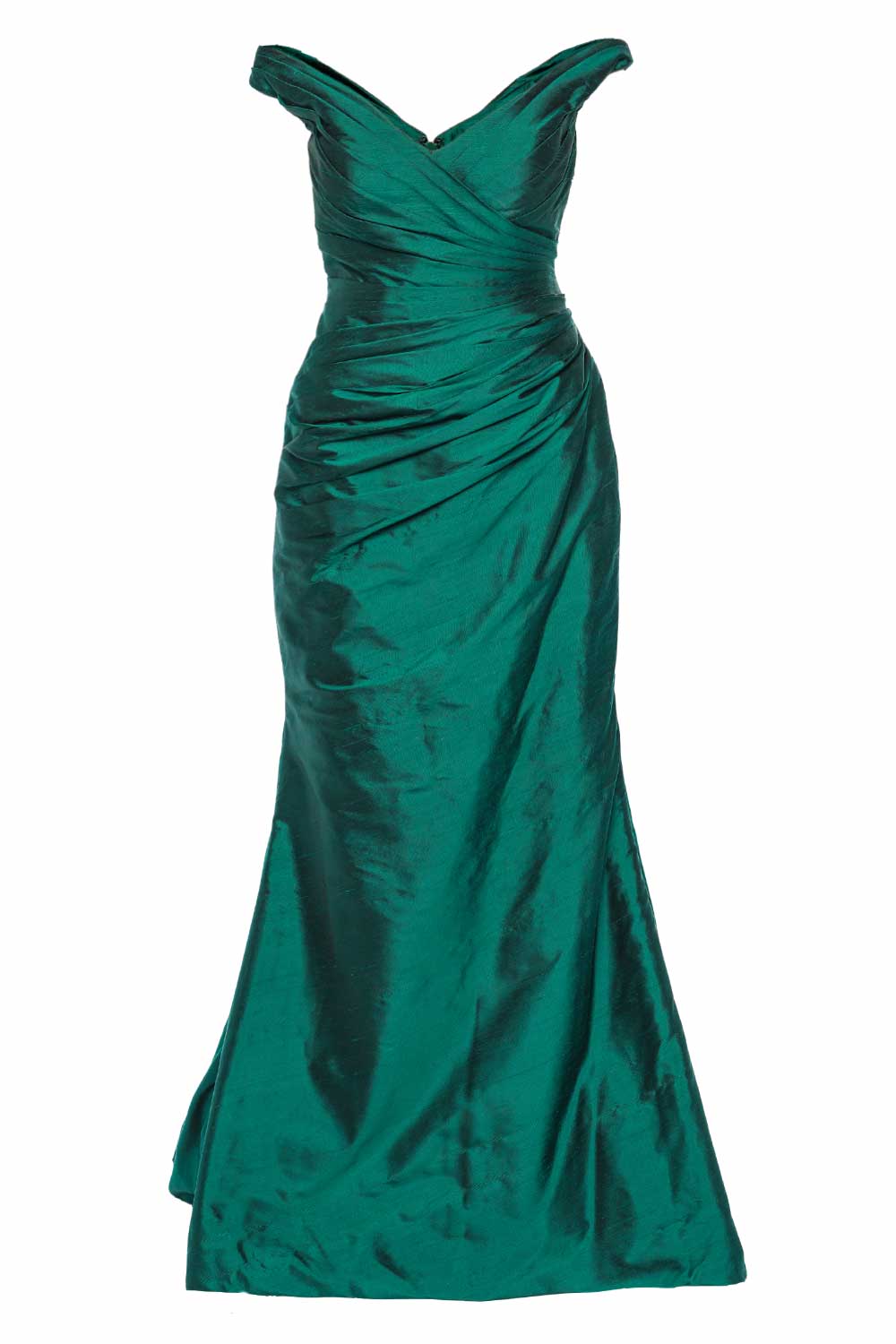 Romona Keveza Emerald Off Shoulder Ruched Gown