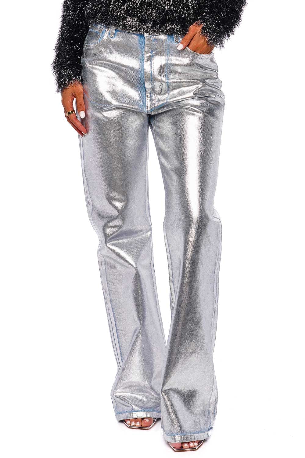 Paco Rabanne Metallic Coated Straight Leg Jeans