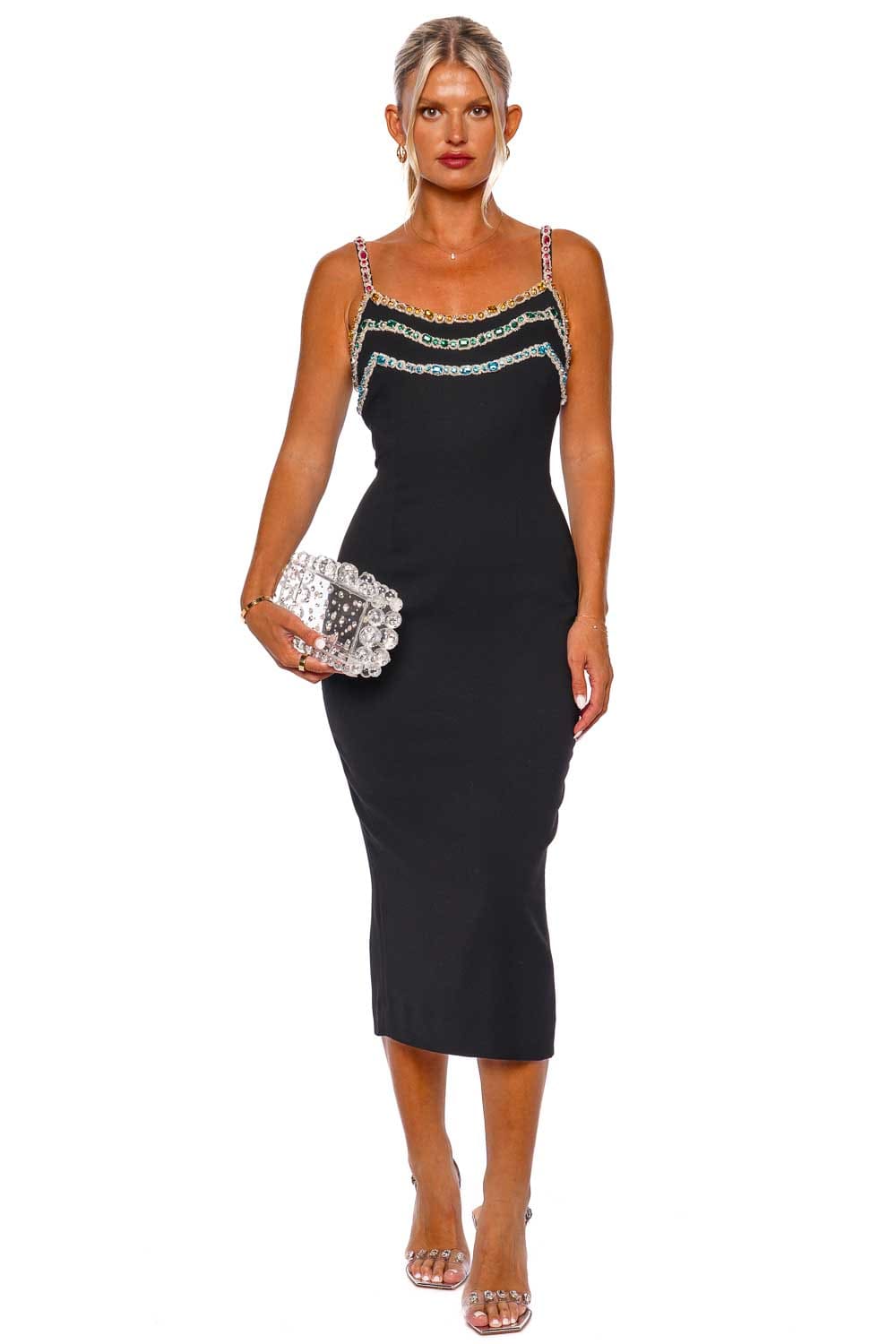 Black Bead Embroidered Cady Midi Dress