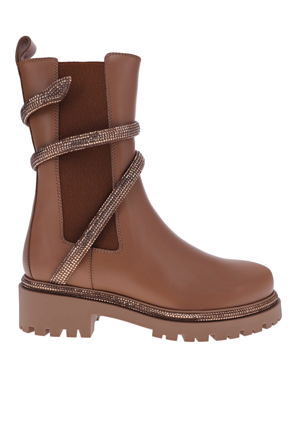 RENE CAOVILLA Crystal Ankle Wrap Brown Leather Biker Boots
