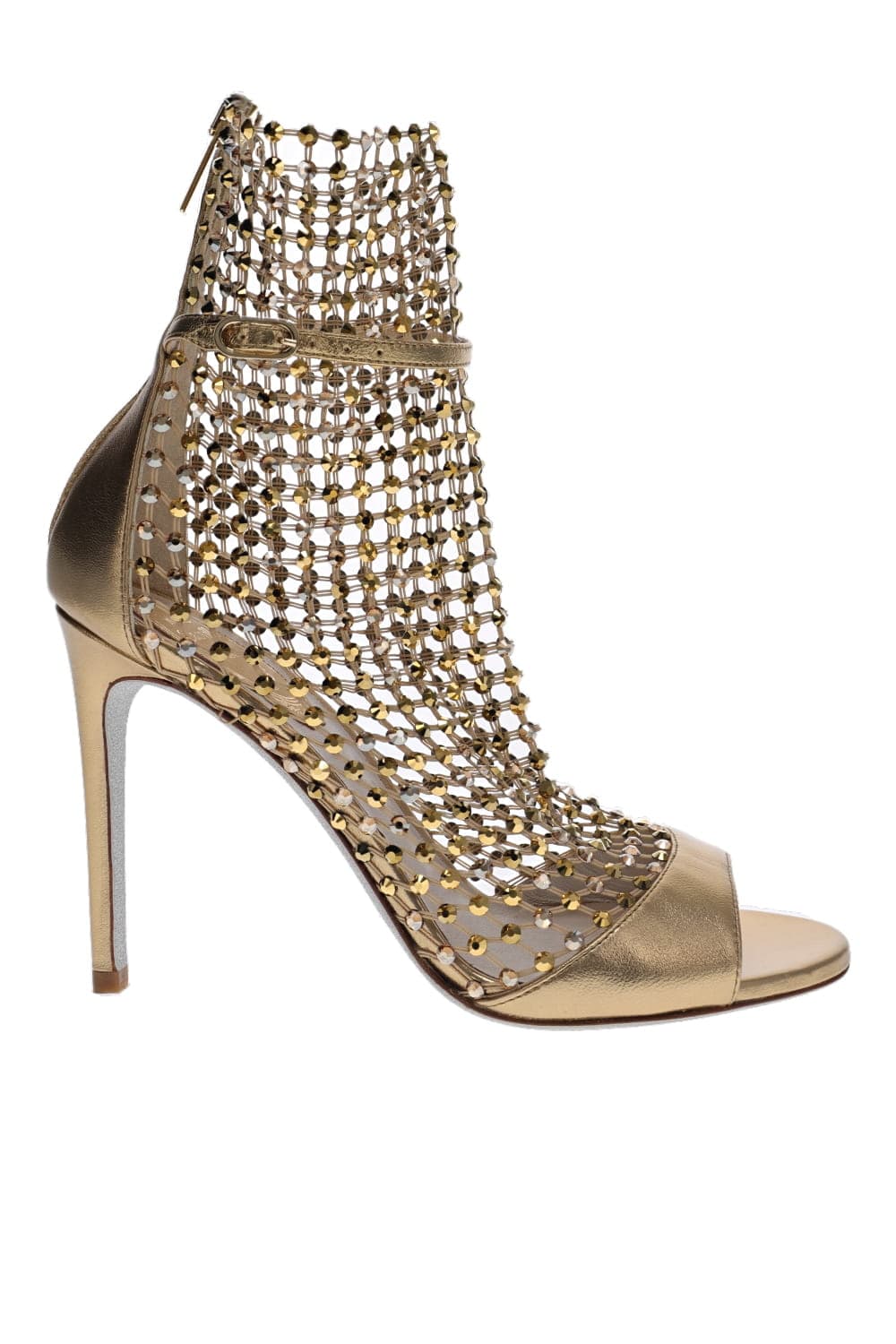 RENE CAOVILLA Gold Crystal Mesh Leather Sandal