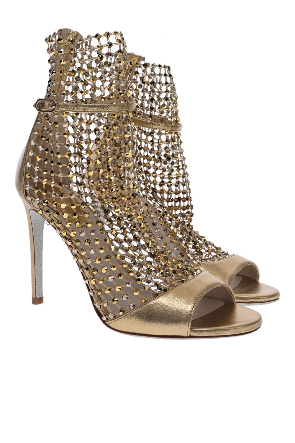RENE CAOVILLA Gold Crystal Mesh Leather Sandal