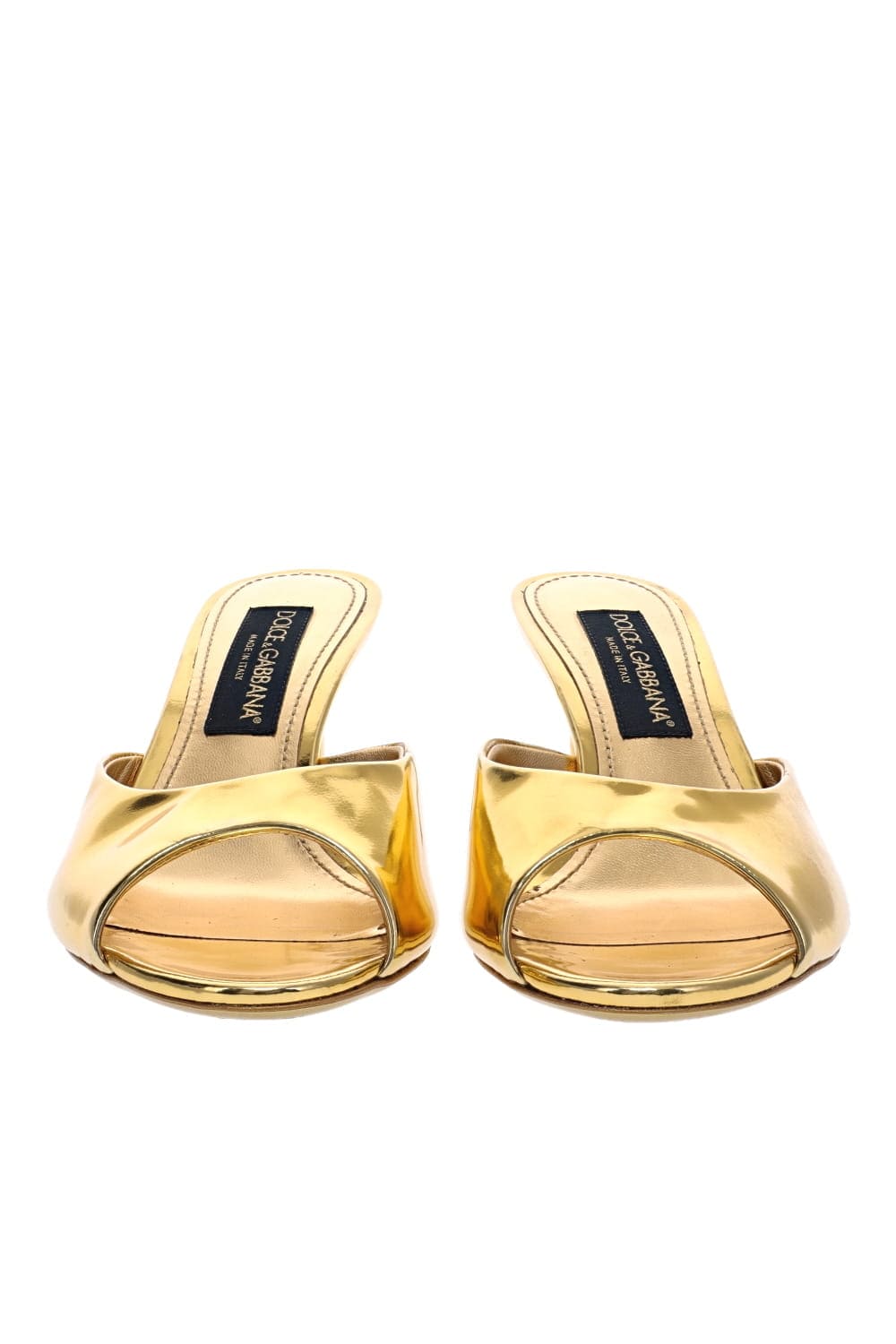 Dolce & Gabbana Gold Peep Toe Patent Leather Mules