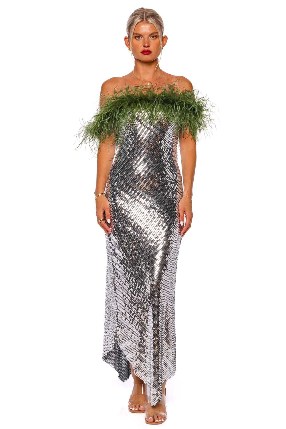 ILA Janis Feather Trimmed Sequin Maxi Dress