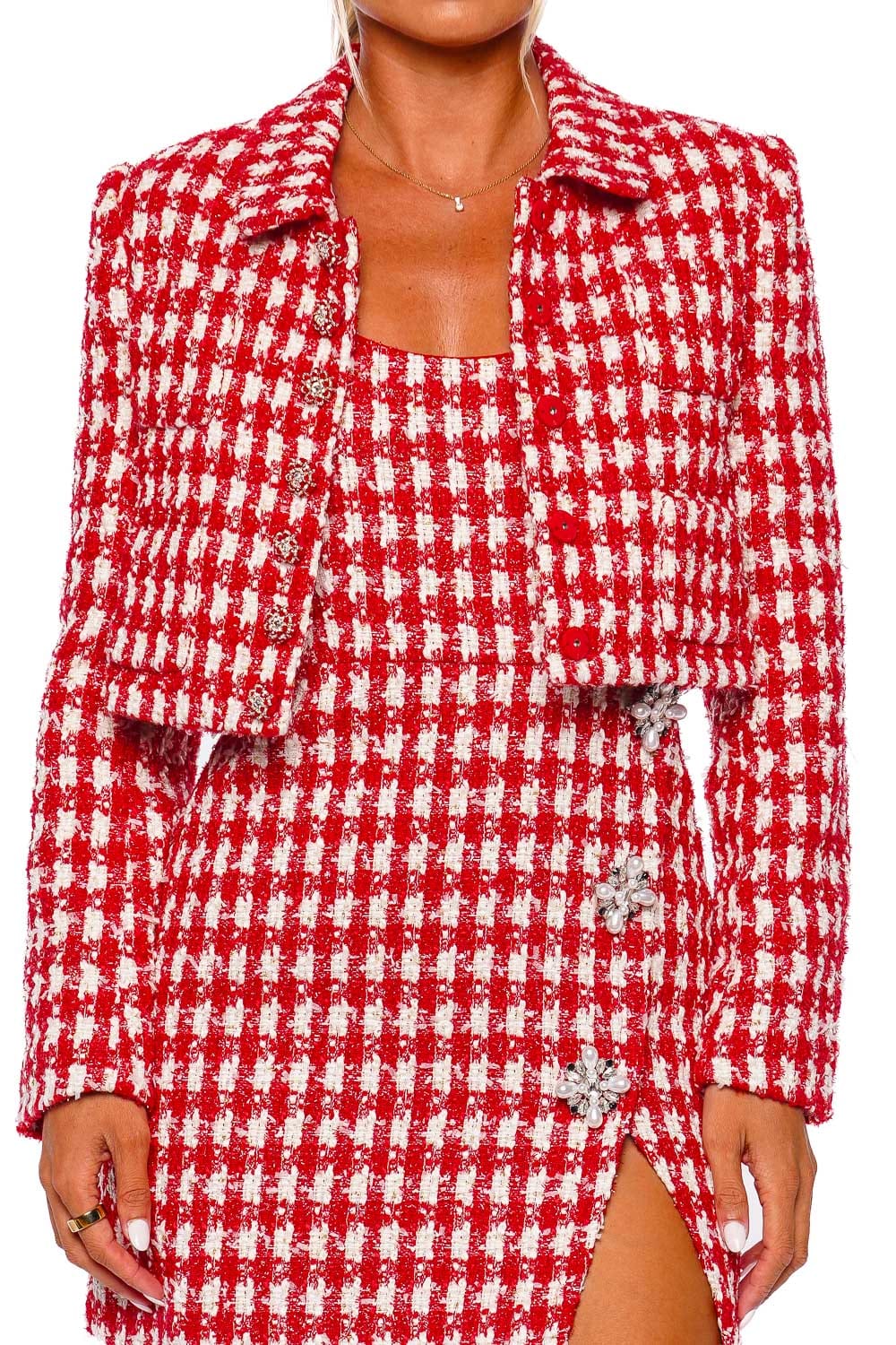 Self-Portrait Red Check Boucle Cropped Jacket
