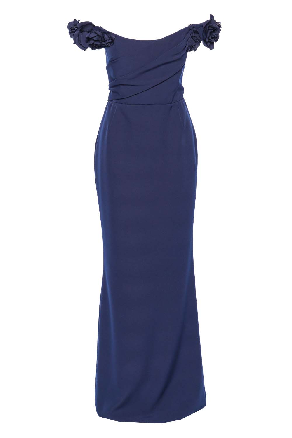 Marchesa Navy Off Shoulder Stretch Crepe Gown