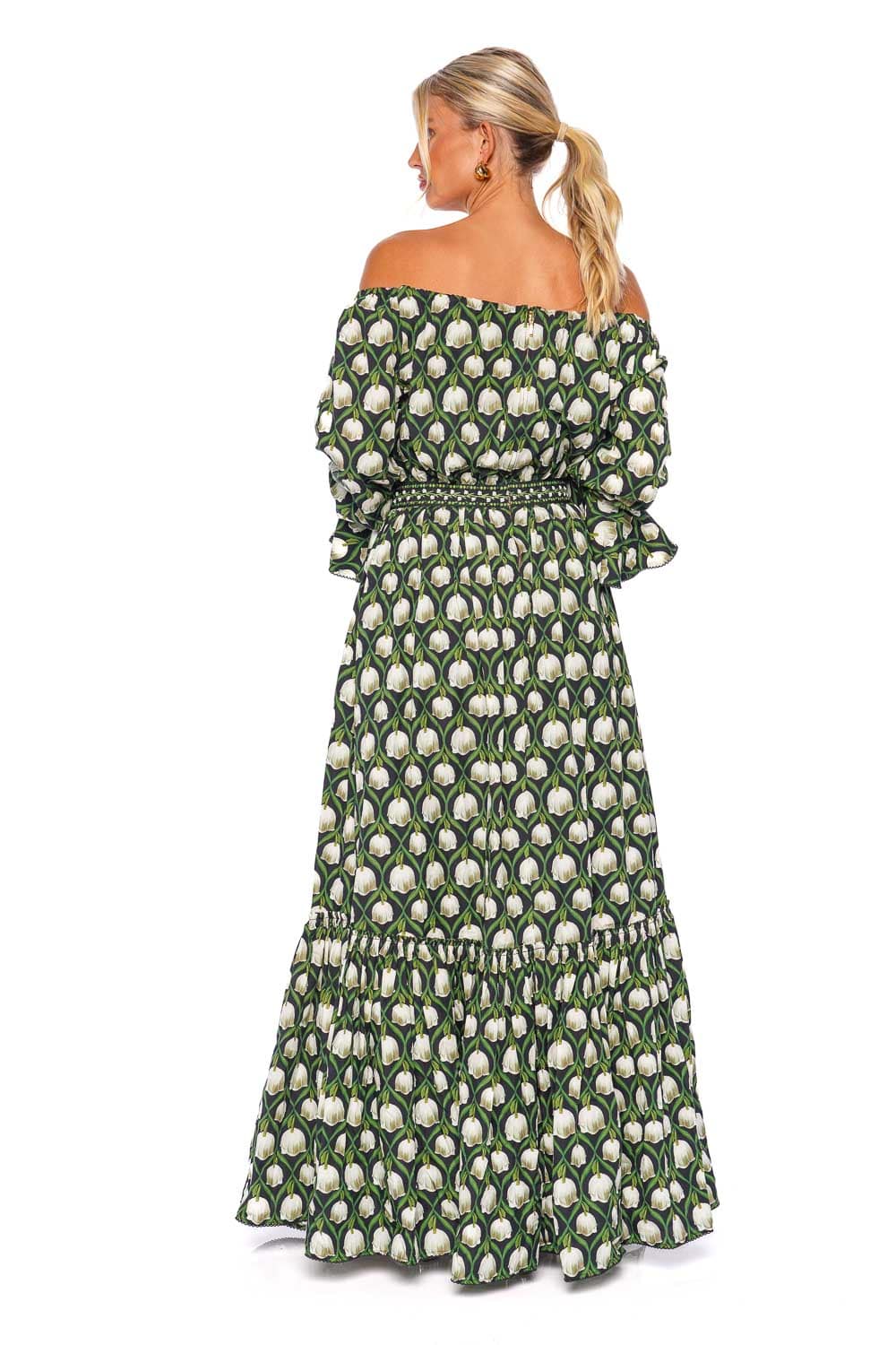 AGUA by Agua Bendita Almendra Perla Off Shoulder Maxi Dress