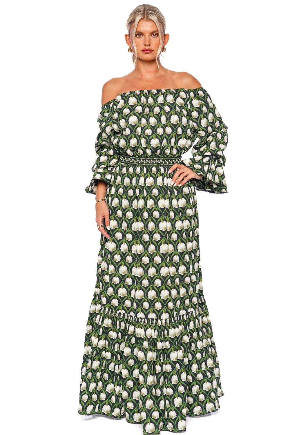 AGUA by Agua Bendita Almendra Perla Off Shoulder Maxi Dress