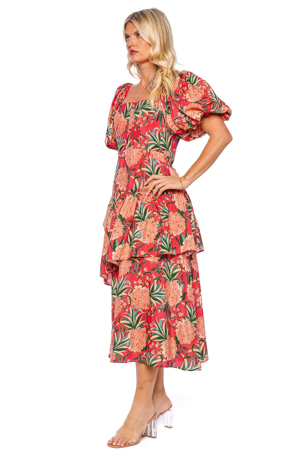 FARM Rio Red Pineapple Bloom Puff Sleeve Midi Dress