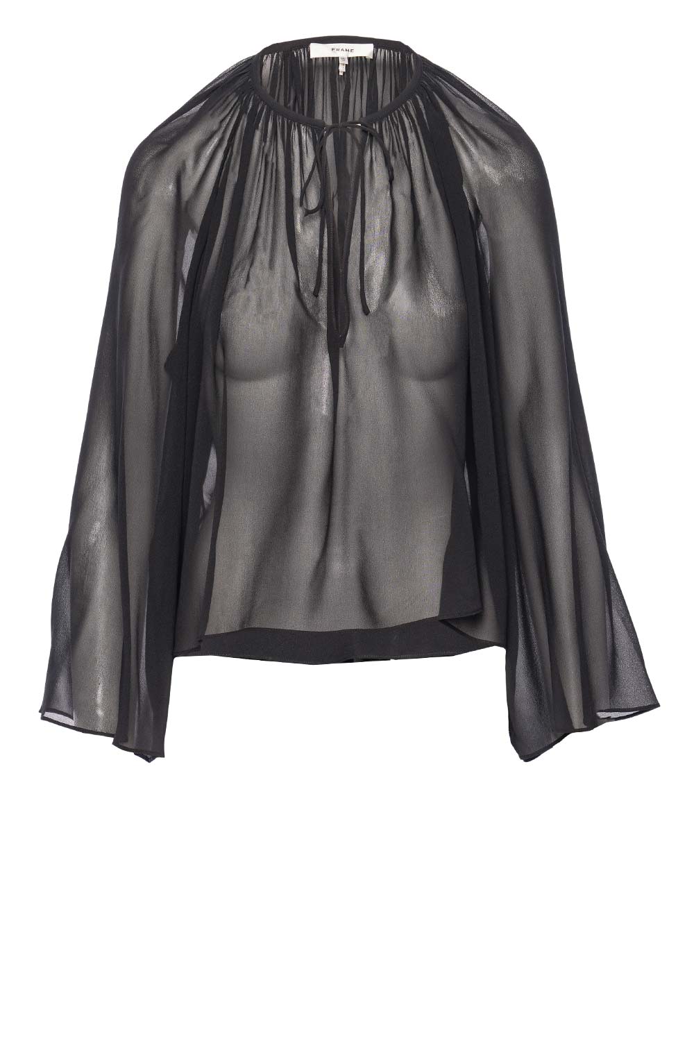 FRAME Black Sheer V Neck Shirred Blouse