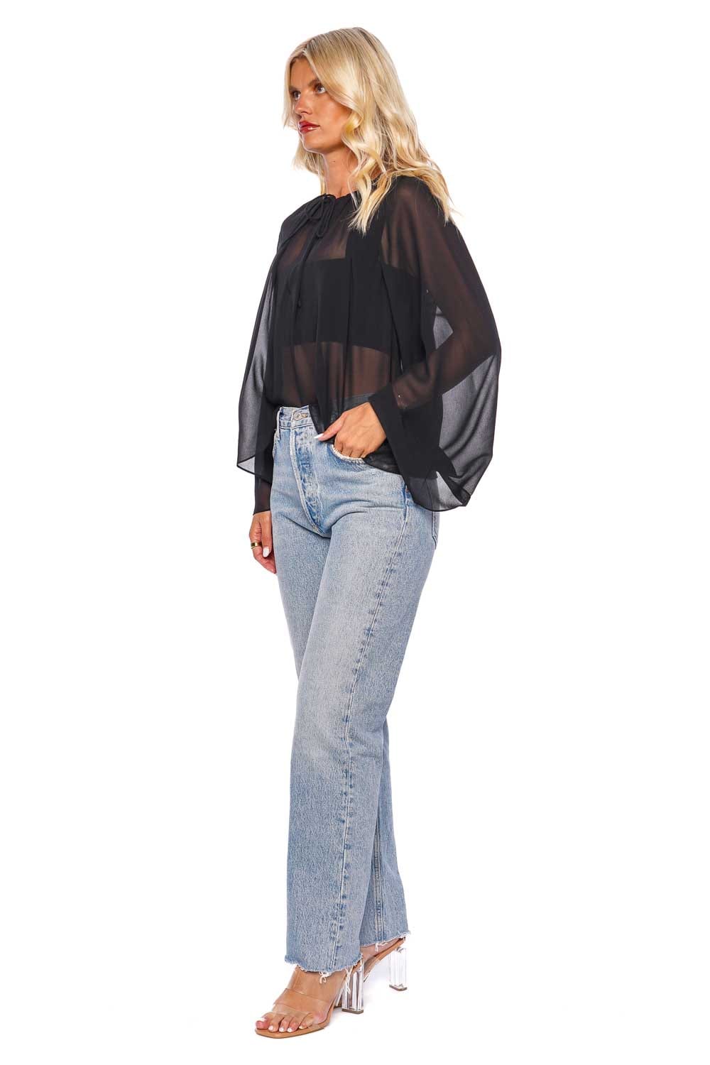 FRAME Black Sheer V Neck Shirred Blouse