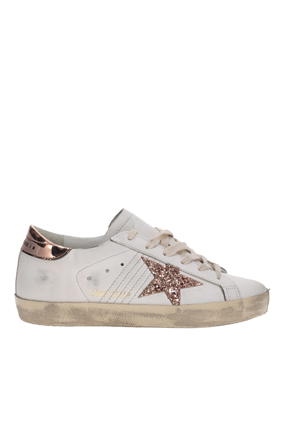 Golden Goose SUPER-STAR LEATHER UPPER WITH ORNAMENTAL STITCHING GLITTER STAR LAMINATED HEEL GWF00101.F005354.11705 WHITE/PEACH PINK/ANTIQUE ROSE