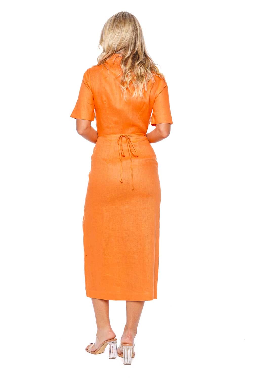 Orange Linen Button Up Midi Shirt Dress