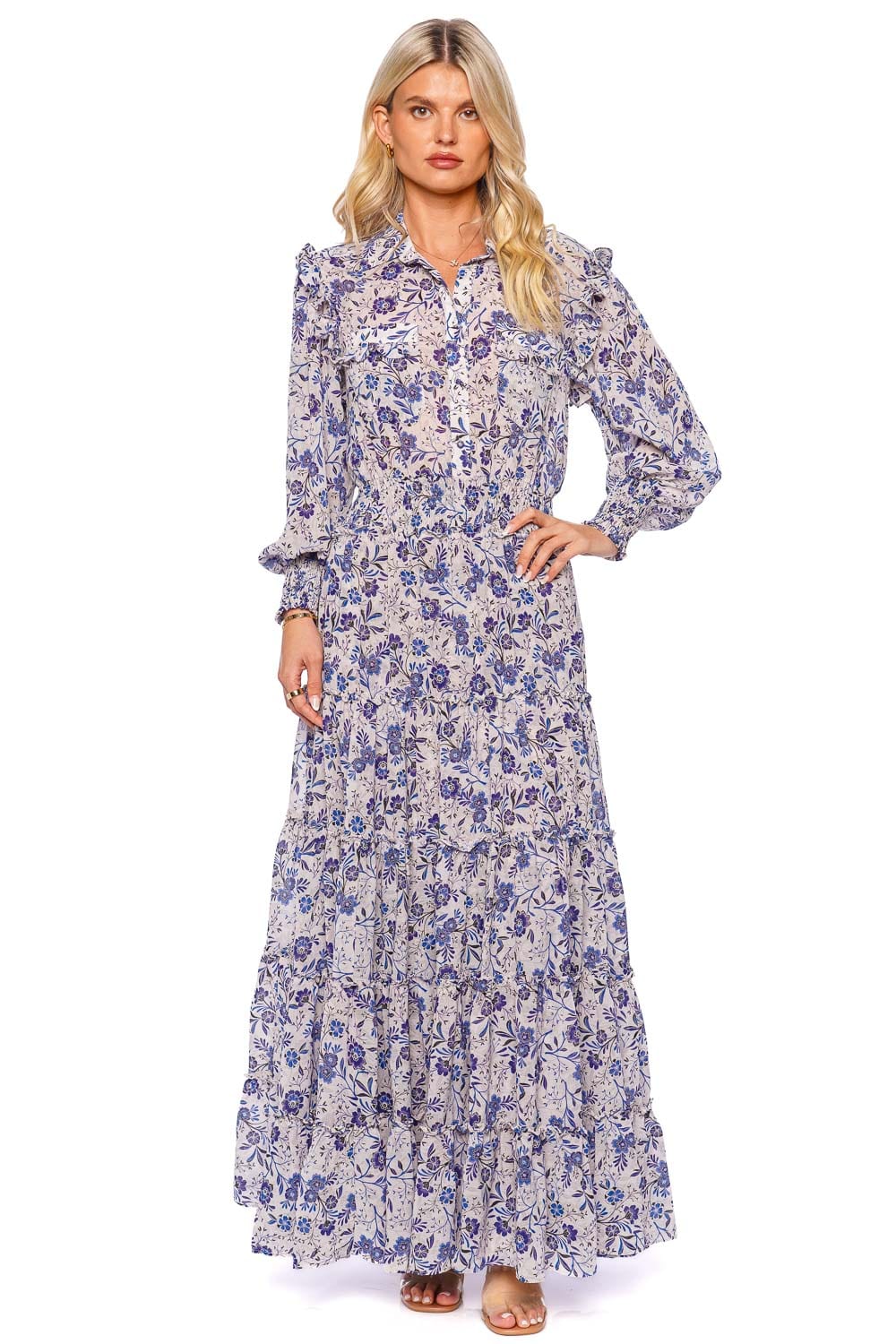 Floral Printed Pleated Sleeve Chiffon Gown – Terijon.com