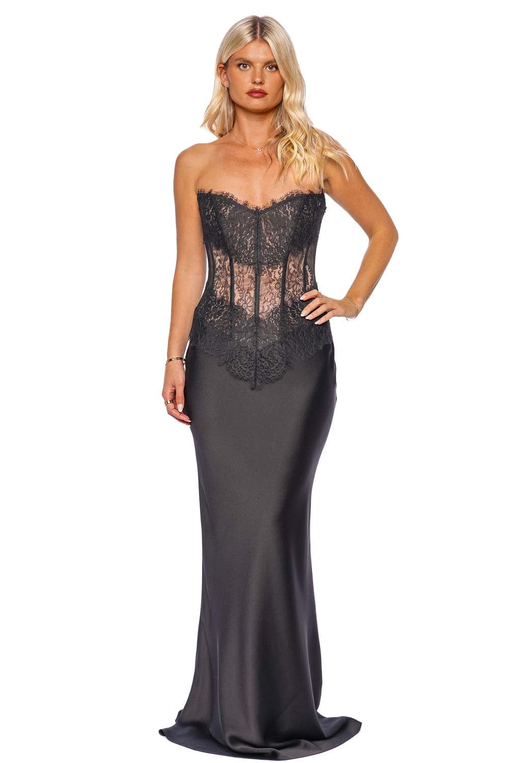 Black Lace Corset Strapless Maxi Dress