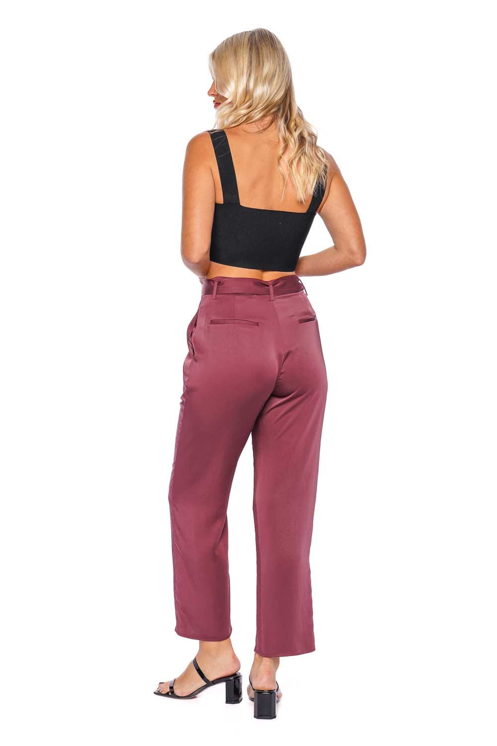 Merlot Satin Belted Cropped Pant