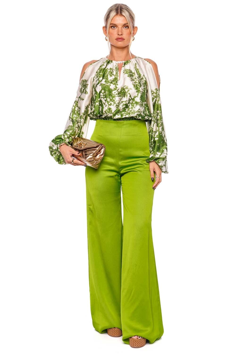 Silvia Tcherassi Grotte Lime Wide Leg Satin Pants