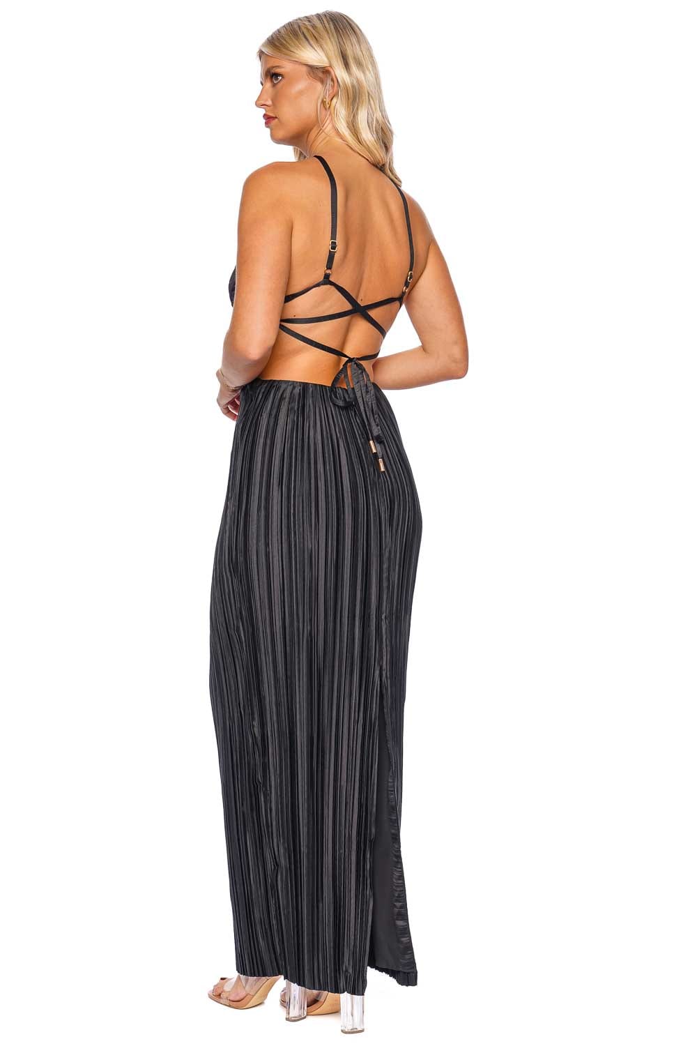 Mitra Black Pleated Cut Out Gown