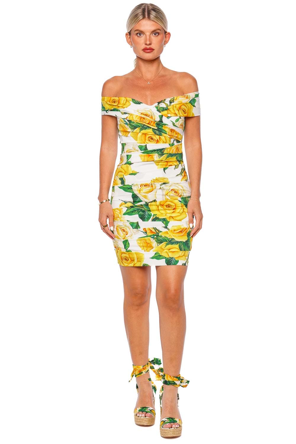 Dolce & Gabbana Flowering Ruched Off Shoulder Mini Dress